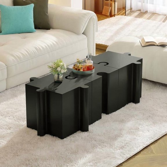 FFZ 3-Piece Artistic Puzzle Side Table Set with Interlocking Design, 200 lb Capacity, Black