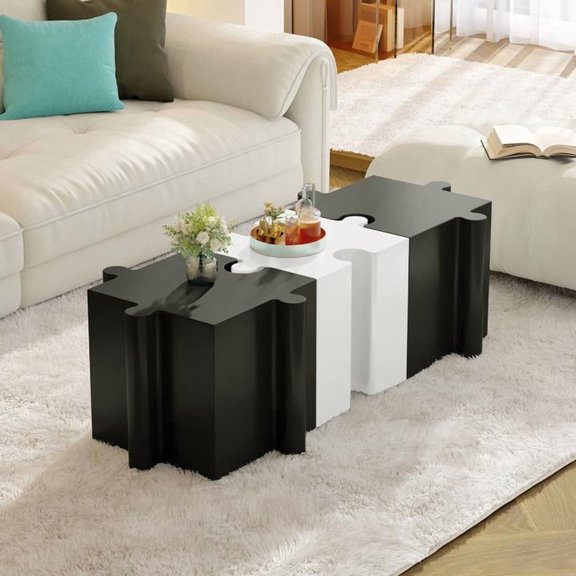 FFZ 3-Piece Artistic Puzzle Side Table Set with Interlocking MGO Design, 200 lb Capacity, Black