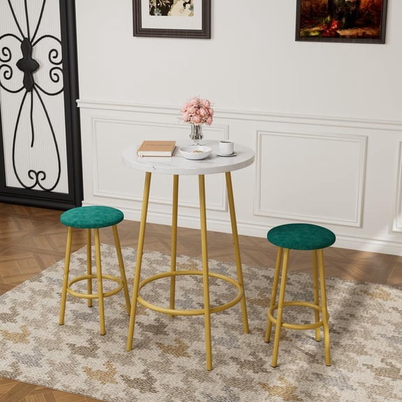 FFZ 3-Piece Bar Table Set with 2 Stools, Marble Top and Gold Frame, 23.6 x 23.6 x 36.2 inch, White
