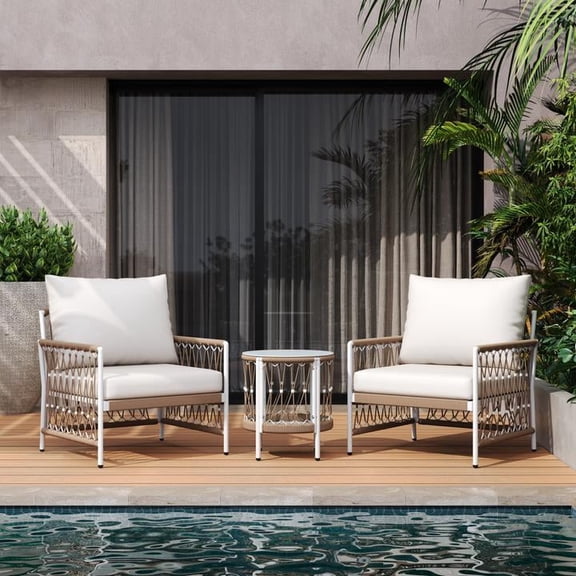 FFZ 3-Piece Outdoor Bohemian Lounge Set with Handwoven Rope and Glass Top Table, Beige+Natural