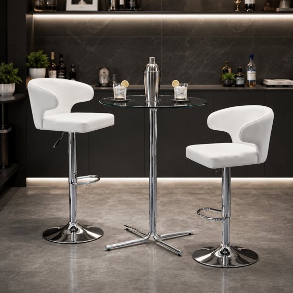FFZ 3-Piece Modern Bar Table Set with 2 Swivel Stools, 36" Glass Pub Table & Adjustable PU Stool, Silver+white