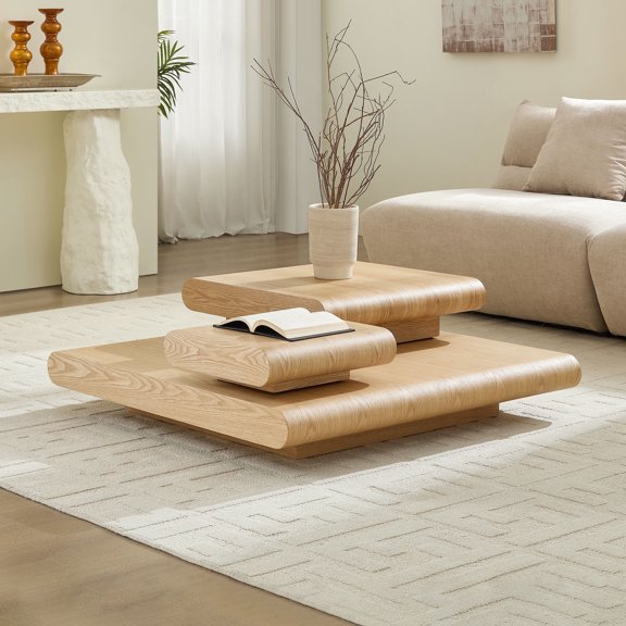 FFZ 3-Piece Modular Stacking Coffee Table with MDF Wood Veneer, 39.37 inch Square, Natural