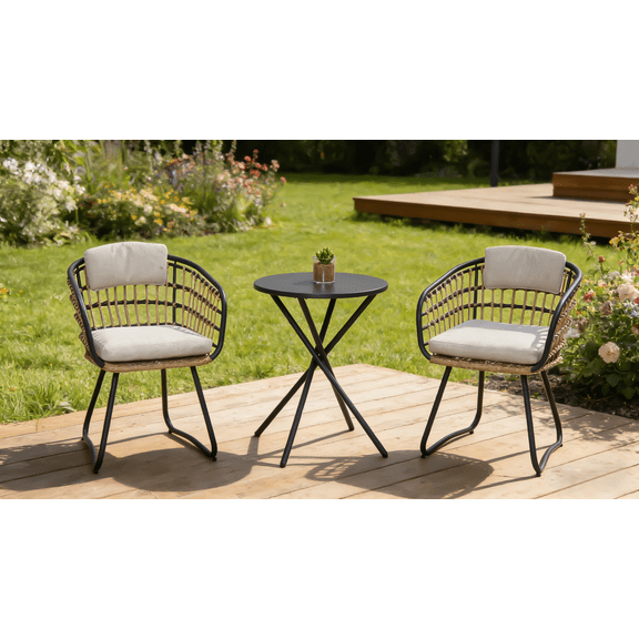 FFZ 3-Piece Outdoor Bistro Set with Wicker and Cushions, Red+Grey