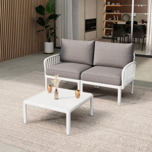 FFZ 3-Piece Outdoor Patio Sectional Set with Square Coffee Table, White+gray