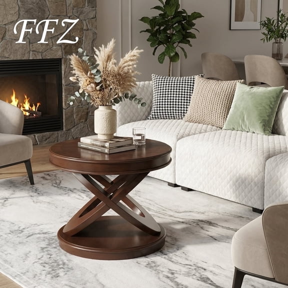 FFZ Retro Round End Table with X-Shape Base and Solid Wood Veneer, 22 x 22 x 20 inch, Walnut