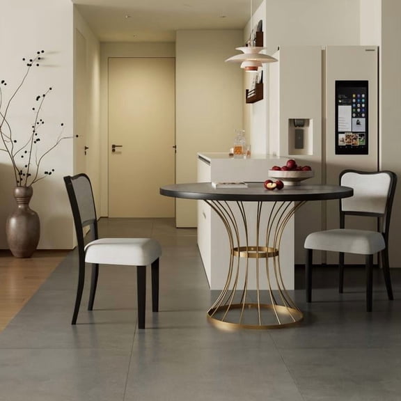 FFZ 3-Piece Space-Saving 42 inch Round Iron Base Dining Table 2 Walnut-Finish Chairs, Dark Oak