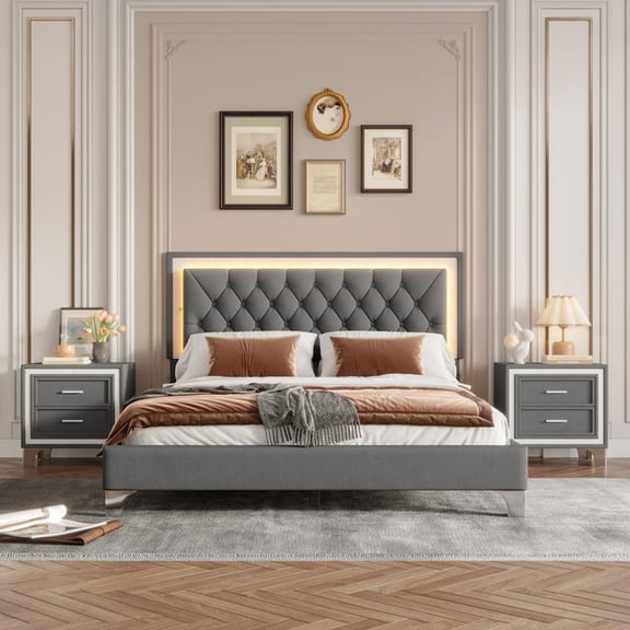 FFZ 3-Pieces Bedroom Sets Queen Size Upholstered Platform Bed With Led Lights Two Nightstands Gray