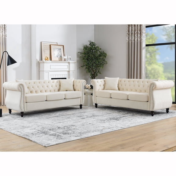 FFZ 3-Seater Combination Sofa with Classic Chesterfield Design and Nailhead Trim, Beige