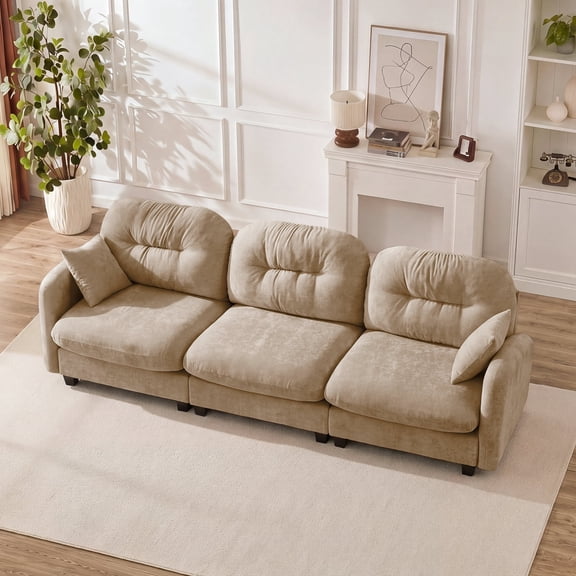 FFZ Three-Seater Modular Sectional Couch with Quilted Pleated Design and Chenille Fabric, Camel
