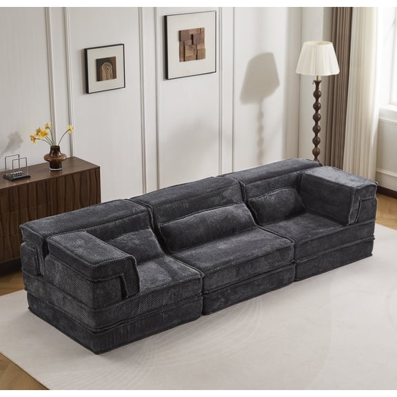FFZ Compression Mahjong Sofa with Circle Fleece Fabric and 3 Pillows, 118.11 x 39.37 x 26.77 inch, Dark Gray