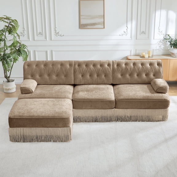 FFZ 3-Seater Cloud Modular Sectional Sofa with Tassel Skirt and Button Tufting, Camel