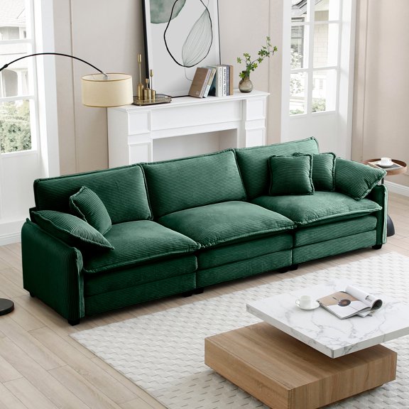 FFZ 3-Seater Sectional Sofa with 2 Arm Pillows and 3 Throw Pillows, Green