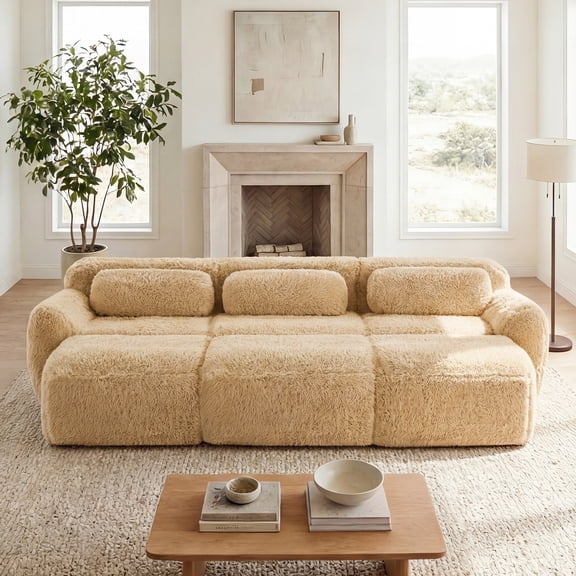 FFZ 3-Seater Soft Plush Fabric 32D Sponge Movable Ottoman Anti-Slip Khaki For Living Room Bedroom