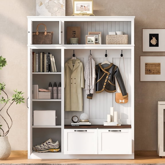 FFZ 3-in-1 Hall Tree with Overhead Cabinet, 3 Shelves, 4 Hooks, 2 Drawers, Grooved Back, Contrasting, White