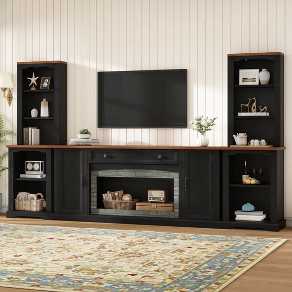 FFZ 3-Piece Modular TV Stand Set with Curved Cabinets and Bookshelves, 109 x 14.9 x 66.1 inch, Black