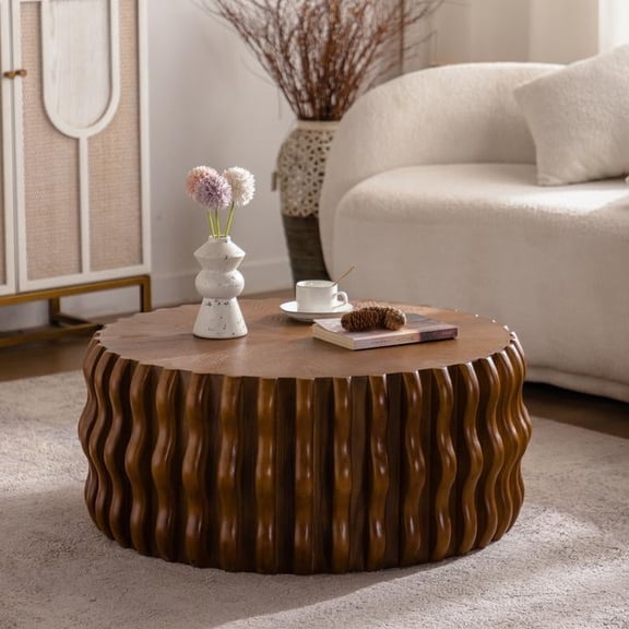 FFZ 30.31 inch Ribbed Wave Round Coffee Table with Solid Wood Top and MDF Body, Walnut