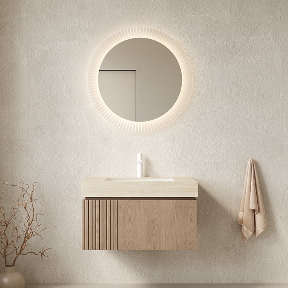 FFZ 30-36'' Floating Bathroom Vanity with Sink Wall-Mounted Plywood Cabinet, Soft-Close Drawer & Doors, Premium Sintered Stone Countertop in Light Grey, Undermount Ceramic Basin, Pre-Drilled Faucet