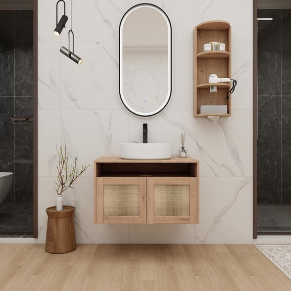 FFZ 30 inch Wall-Mount Bathroom Vanity with Ceramic Art Sink, Storage Rack, 2 Soft-Close Doors, Imitative Oak