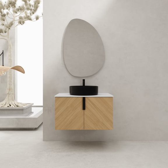 FFZ 30 inch Wall-Mounted Bathroom Vanity with Ceramic Sink and Artificial Stone Slab, 2 Soft-Close Doors, Oak