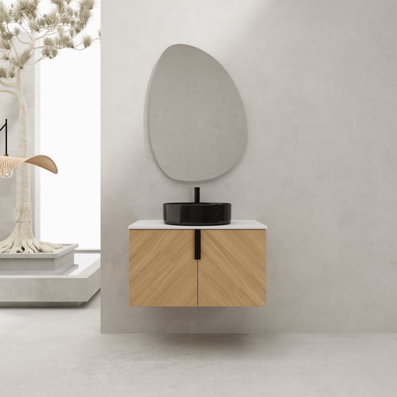 FFZ 30 inch Wall-Mounted Bathroom Vanity with Ceramic Sink and Artificial Stone Slab, 2 Soft-Close Doors, Oak