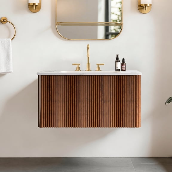 FFZ 30" Striped Walnut Floating Bathroom Vanity with Carrara White Ceramic Sink, Wall Mounted, Carrara White