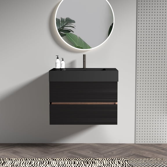 FFZ 30 inch Wall Mounted Bathroom Vanity with Matt Black Quartz Sink and Soft Black Drawers, Black+Brown