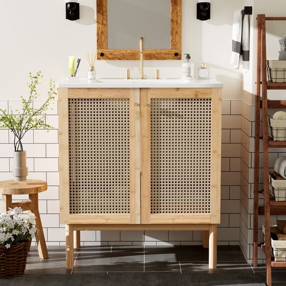 FFZ 30 inch Rattan Door Bathroom Vanity with Ceramic Sink and Soft-Close Hinges, Wood