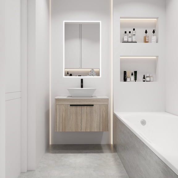FFZ 30" Modern Wall Mount Bathroom Vanity with Ceramic Basin, Soft-Close Door, 2 Drawers, White Oak