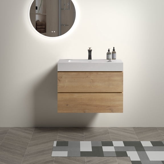 FFZ 30 inch Natural Oak Bathroom Vanity with Integrated Sink, 2 Maximized Drawers, Handle-Free Design, Oak