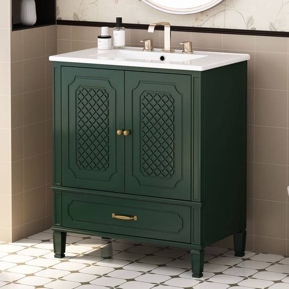 FFZ 30 inch Vintage Style Bathroom Vanity with Cabinet, Drawer and Ceramic Sink, Acacia Wood, Green