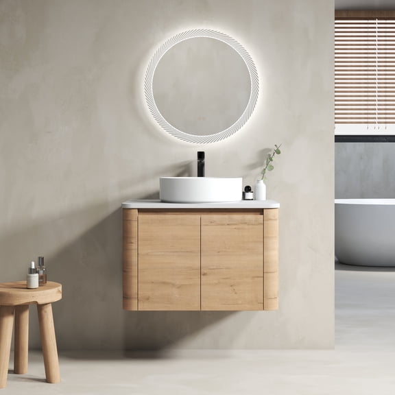 FFZ 30 inch Wall-Mounted Bathroom Vanity with Ceramic Art Sink, 2 Soft-Close Doors, Plywood, Imitative Oak