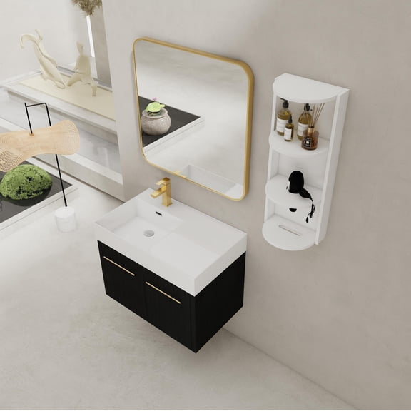 FFZ 30 Inch Wall-Mounted Bathroom Vanity with Resin Sink and Storage Rack, Black Chestnut