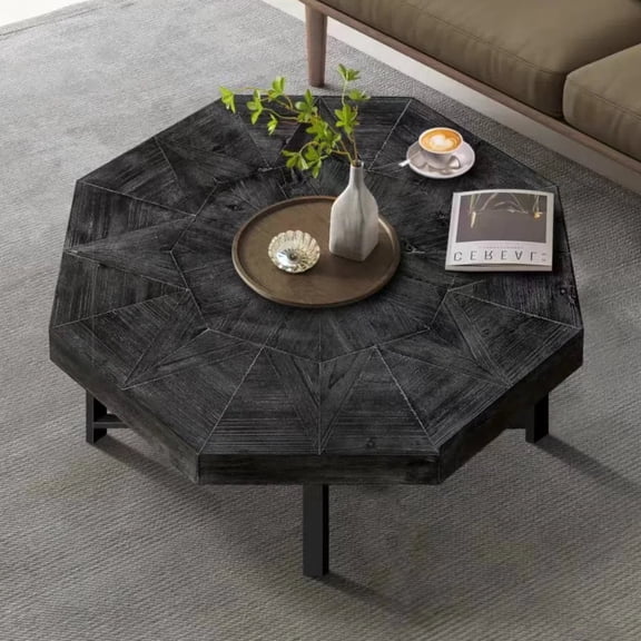 FFZ Octagonal Patchwork Coffee Table with Cross Metal Legs, 29.1 x 29.1 x 17.7 inch, Antique Black