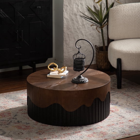 FFZ 30.31 inch Round Coffee Table with Relief Pedestal and Walnut Top, Black