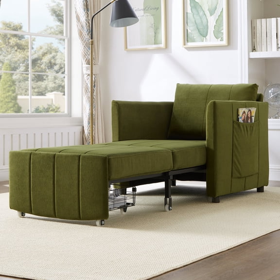 FFZ 31.5" Convertible Sleeper Sofa with 5-Position Backrest, Side Pockets, Storage Basket, Pull Out Bed, Green