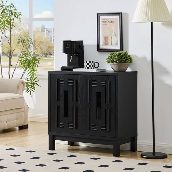 FFZ 31.5" Mid Century Modern Sideboard Buffet with Carved Openwork Design, 2 Doors & Adjustable Shelf, Black