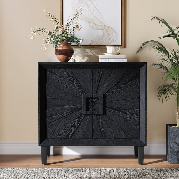FFZ 31.5" Mid-Century Modula Credenza Sideboard Buffet with Sunburst Doors, Adjustable Shelves, Black, Black