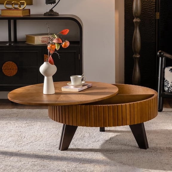 FFZ 31.5 inch Retro Round Coffee Table with Storage and Solid Wood Legs, Natural