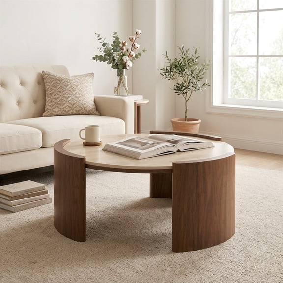FFZ 31.5" Round Sintered Stone Coffee Table with Walnut Slab Legs, Glossy Travertine Look, Walnut