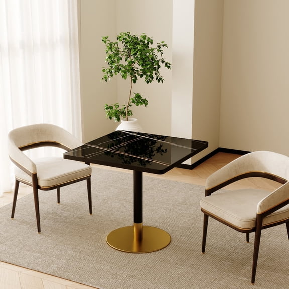 FFZ 32"L Square Tulip Dining Table with Sintered Stone Top, Stainless Steel, Black+Gold