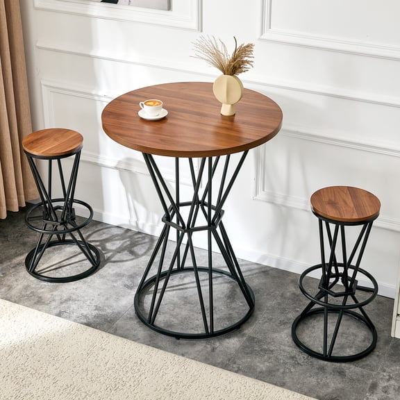 FFZ 31.5 inch Walnut Wood Grain MDF Tabletop Black Metal Frame Industrial Bar Counter Set