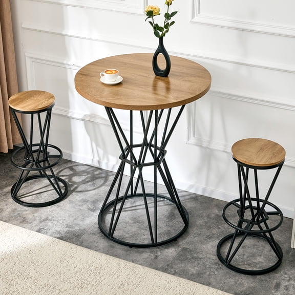FFZ 31.5 inch Wood Grain MDF Tabletop Black Metal Frame Industrial Bar Counter Set
