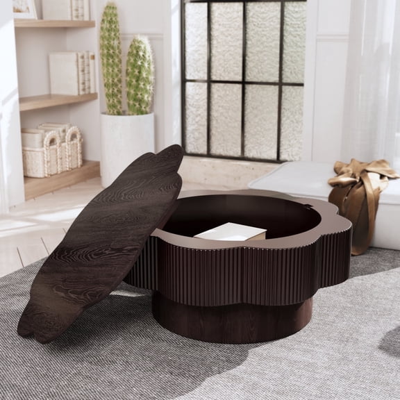 FFZ Flower Shaped Coffee Table with Storage and Iron Frame, 31.5 x 31.5 x 13.78 inch, Dark Brown