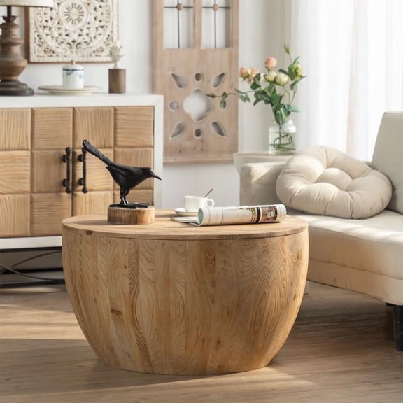 FFZ Vintage Bucket Shaped Coffee Table with Storage, Solid Wood and MDF, 31.5 x 31.5 x 17.72 inch, Natural