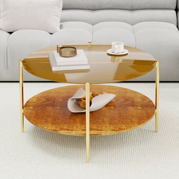 FFZ Modern Gold Round Double-Layer Coffee Table with Tempered Glass and Storage, 32.28 inch Diameter, Golden