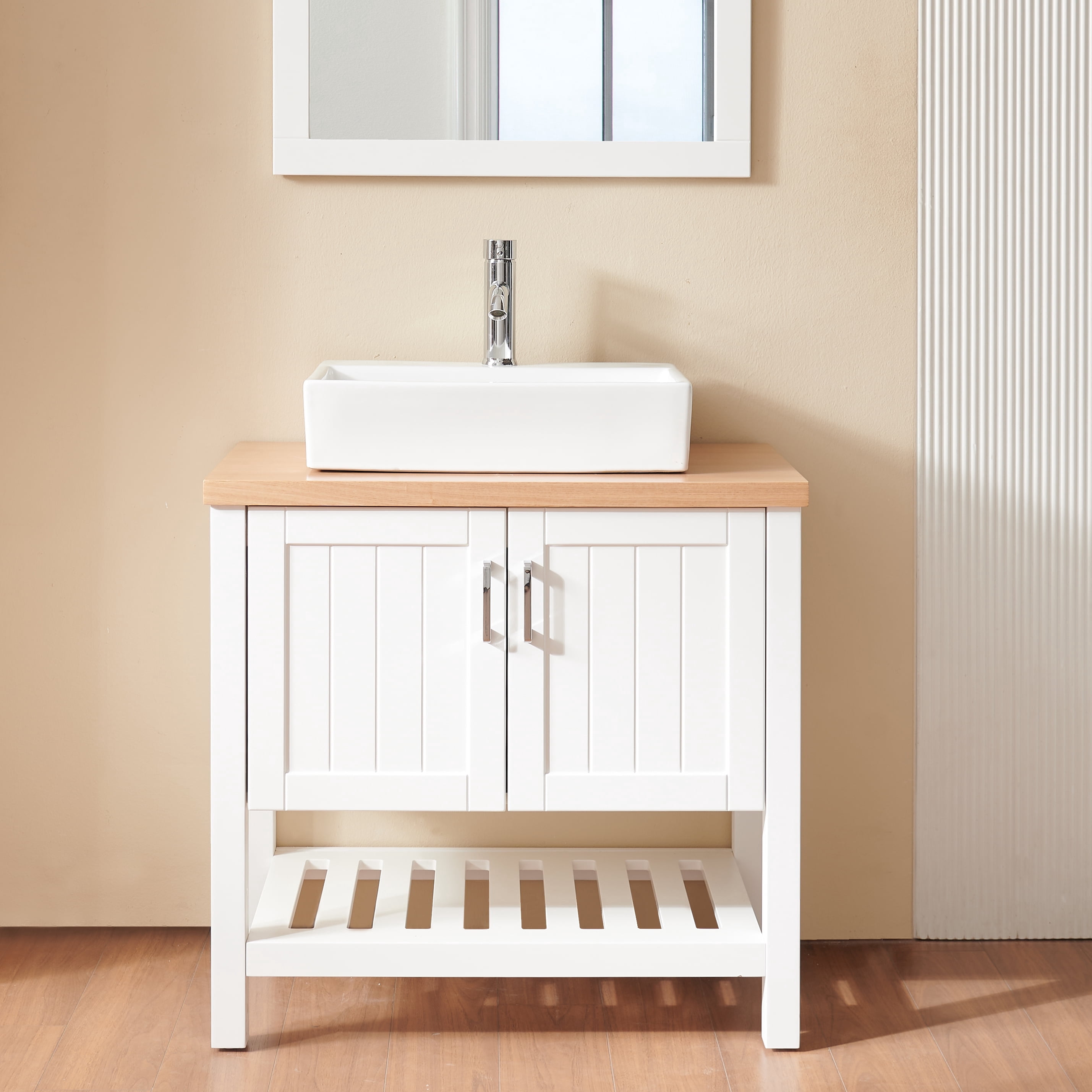 FFZ 32" Bathroom Vanity with Sink, Solid Wood Cabinet with Doors & Open Shelf, White+Natural