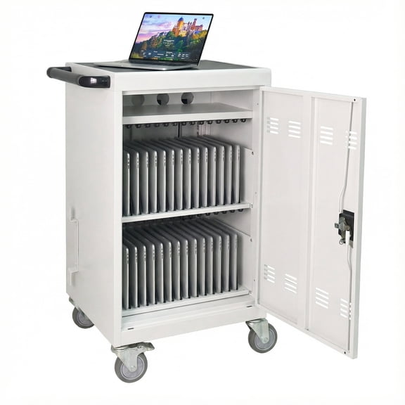FFZ 30-Bay Mobile Charging Cart Station with Power Strip and Locking Wheels, Antique White