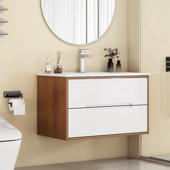 FFZ 32-Inch Wall-Mounted Bathroom Vanity with Sink Combo, 2 Soft-Close Drawers, Handle-Free, White+Walnut