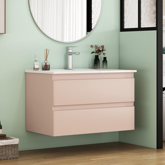 FFZ 32-Inch Wall-Mounted Bathroom Vanity with Ceramic Sink, Double Drawers and Soft-Close System, Pink