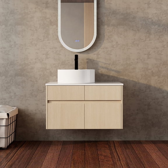 FFZ 32 Inch Wall-Mounted Bathroom Vanity with Ceramic Art Basin, 2 Soft-Close Doors, 1 Drawer, White Oak